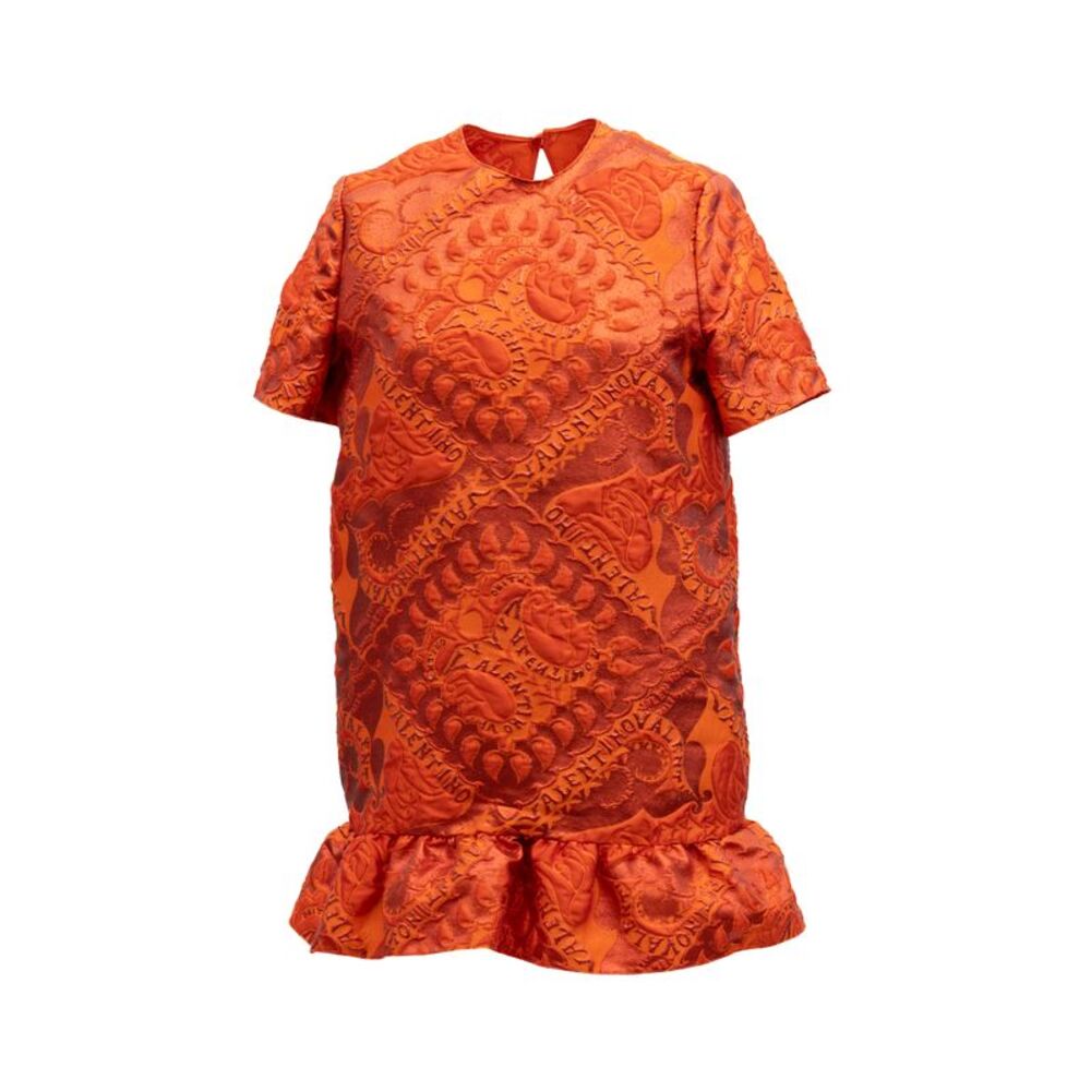 Valentino Garavani Orange Short Sleeve Ruffle Hem Women's Dress